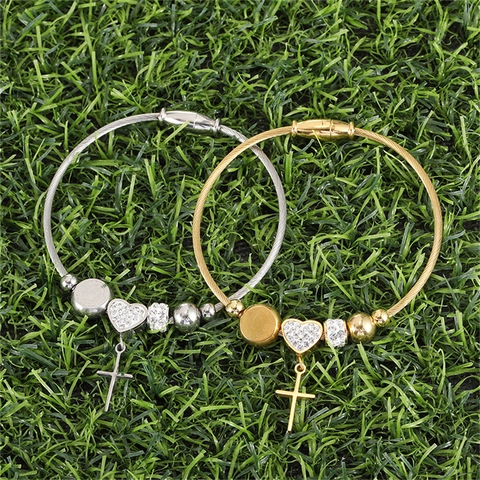 Stainless Steel Cable Bangle Bracelet With Heart Cross Charms And Rhinestones For Women Fashion Religious Style