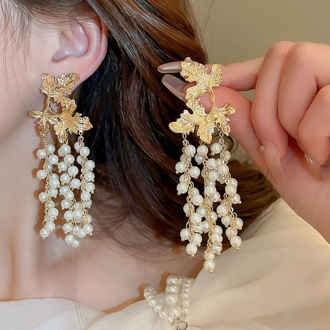 Maple Leaf Faux Artificial Pearl Tassel Drop Earrings With Silver Earring Post Elegant Vintage Long Dangle Jewelry For Women