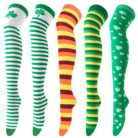 St Patrick Day Knit Thigh High Socks Shamrock Clover Green Striped Over The Knee Stockings Women Festive Party Costume