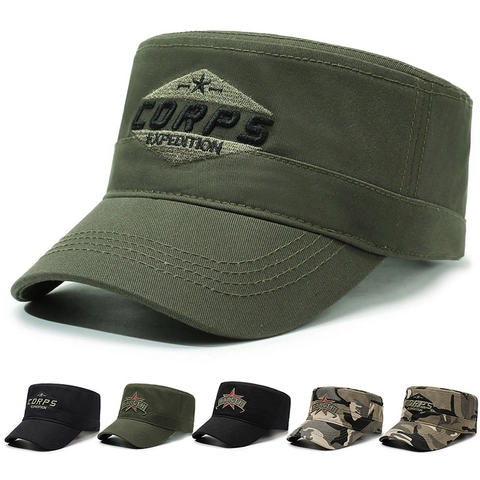 Men Military Cadet Cap Cotton Canvas Flat Top Hat Adjustable Letter Embroidery Vintage Tactical Outdoor Sunshade