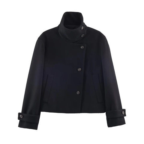 Women Street Fashion Stand Collar Woolen Short Coat Solid Color Asymmetrical Button Jacket Winter Warm Outerwear