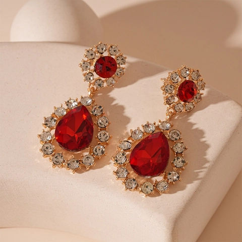 Orecchini Goccia Lega Pietra Rossa Strass Con Perno In Argento Sterling 925 Stile Palazzo Vintage Donna