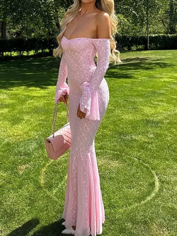 Off Shoulder Lace Maxi Dress Flare Long Sleeve Mermaid Fish Tail Slim Fit Y2K Sexy Banquet Women Pink