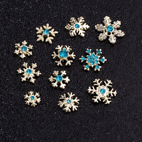 Breloques Pour Ongles En Flocon De Neige Alliage Or Métal Avec Strass Bleus Style Hiver Noël Décorations De Manucure
