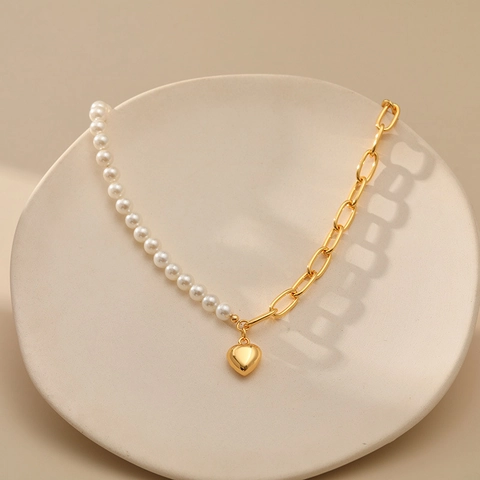 Collar Con Colgante De Corazón De Estilo Francés Cobre Perla Artificial De Concha Cadena De Clip Patchwork Joyería Elegante Para Mujer
