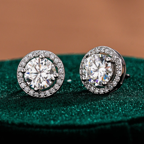 Round Halo Stud Earrings With 925 Sterling Silver Earring Post Moissanite Sparkling Jewelry For Women Wedding Elegant