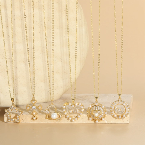 Minimalistische Kupfer Strass Künstliche Perle Halskette Für Damen Vergoldet Herz Kreuz Stern Anhänger Schmuck Geschenk