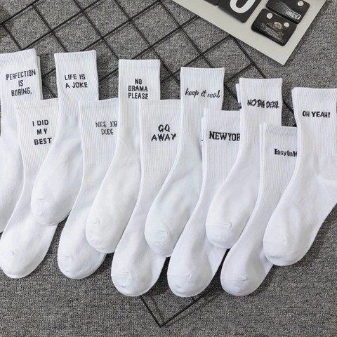 Crew Socks Cotton Blend Ribbed Slogan Lettering Streetwear Sport Style For Men Women White