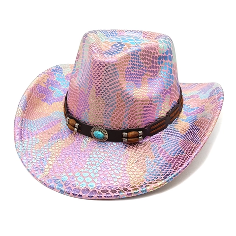 Women Metallic Snake Skin Cowboy Hat Wide Brim Phantom Laser Polyester For Halloween Party With Faux Turquoise Beads