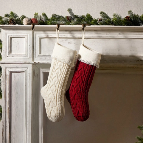 Christmas Stockings Knitted Acrylic Cable Heart Pattern Tassels Fireplace Hanging Holiday Home Decoration Traditional