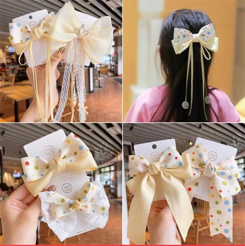 Pince À Cheveux Noeud À Pois Élastique Longs Rubans Fait Main Satin Accessoires Cheveux Princesse Pour Filles
