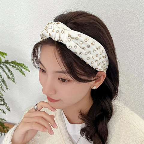 Knotted Wide Brim Headband Women Satin Fabric Rhinestone Gold Metal Retro Hair Hoop Elegant Fashion Styling Accessories