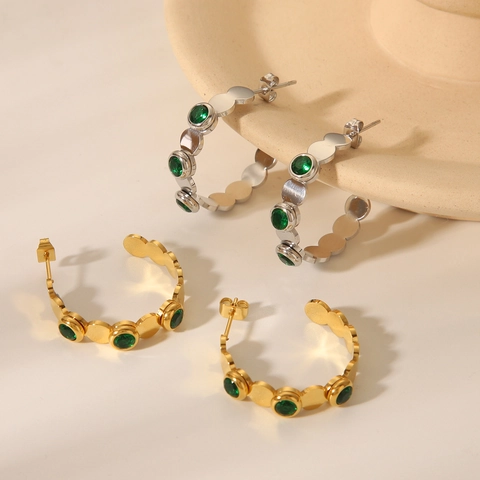 Pendientes De Aro En Forma De C De Acero Inoxidable Chapado En Oro Con Piedra Preciosa Verde Redonda Joyería Retro Para Mujeres