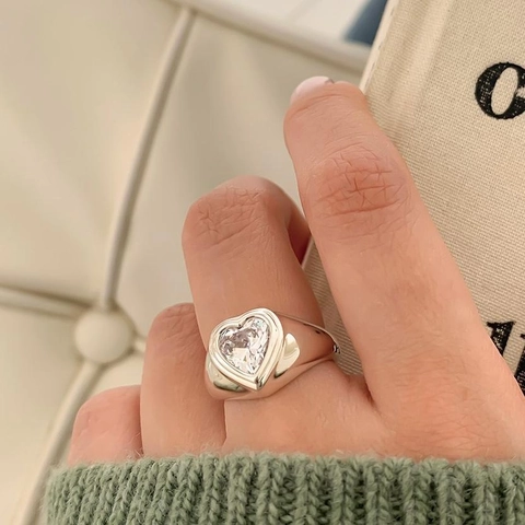 Herz Zirkon Ring 925 Sterling Silber Breites Band Minimalistischer INS Stil Verstellbarer Schmuck Damen