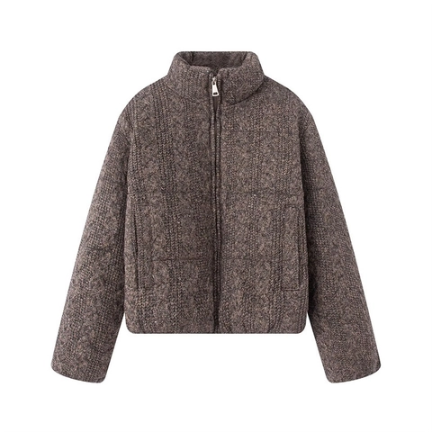 Giacca Imbottita In Maglia A Trecce Da Donna Collo Alto Cerniera Calda Cappotto Invernale Spesso