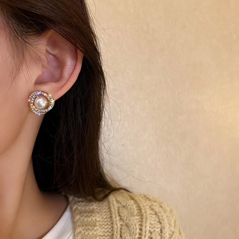 Pendientes De Aleación Con Perla Artificial Y Diamantes Doble Círculo Con Pasador De Plata Elegante Geométrico Estilo Coreano