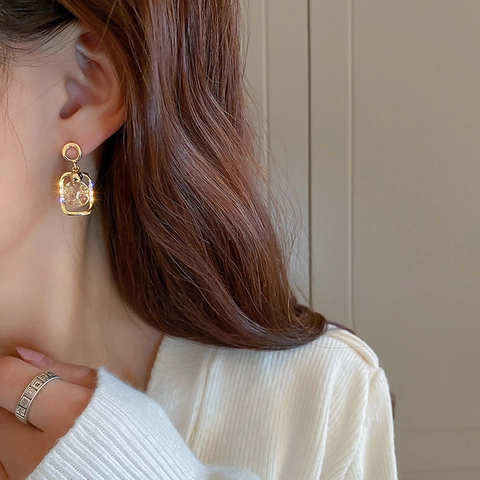 Vintage Geometric Square Alloy Drop Earrings With Amber Stone Rhinestones And 925 Sterling Silver Earring Post For Women