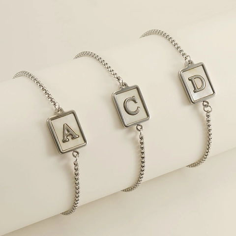Stainless Steel Letter Bracelet Mother Of Artificial Pearl Square Initial Pendant Adjustable Slider Chain Minimalist Fashion Jewelry