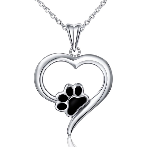 Heart Pendant Necklace With Paw Print White Gold Plated Copper Drip Oil Cute Jewelry For Pet Lovers Women Girls