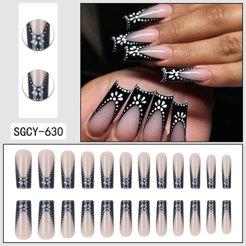 Unghie Finte Press On Nails Lunghe Forma Bara French Nere Puntini Bianchi Motivi Floreali Base Rosa Nude Eleganti