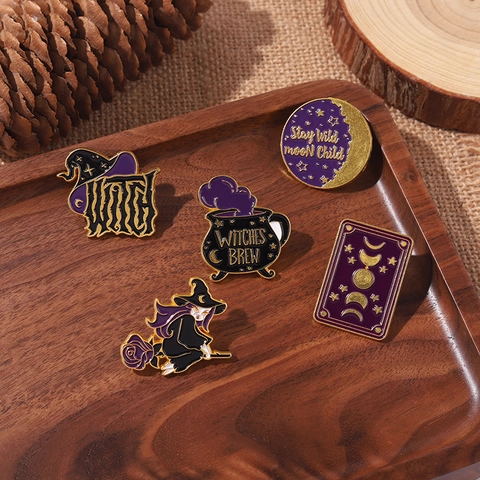Cartoon Witch Magic Hat Enamel Brooch Alloy Mystic Moon Star Lapel Pin Witchcraft Halloween Jewelry Gift For Women Men