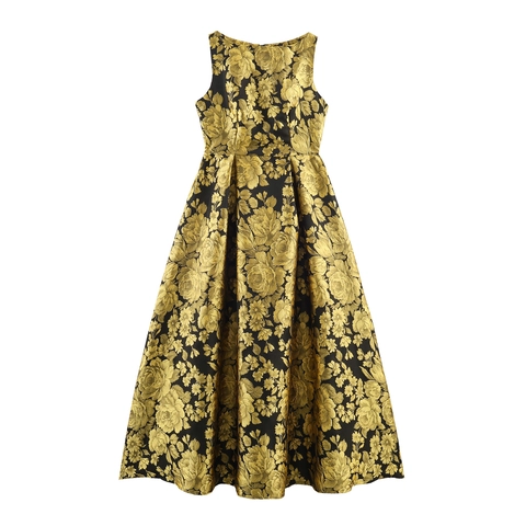 Abito Maxi Donna Retro Elegante Jacquard Floreale Senza Maniche Vita Alta Grande Altalena Broccato Sera