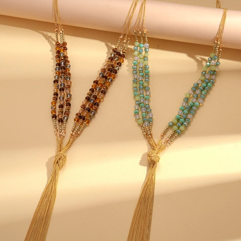 Collana Lunga Boho Multistrato Con Perline Di Vetro Nappa Di Metallo Ferro Design Nodo Per Donna Stile Vintage