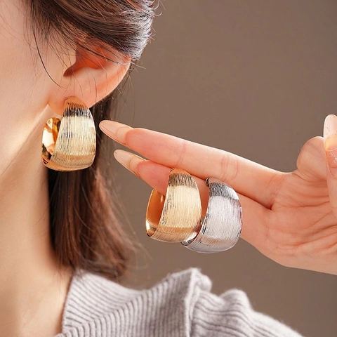 C Shaped Hoop Earrings Wide Chunky Brushed Metal Textured Statement Jewelry For Women With Silver Earring Post