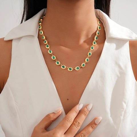 Collana Vintage Stile Palazzo Con Strass Ovali Da Donna Lega Pietra Preziosa Artificiale Catena Regolabile Elegante