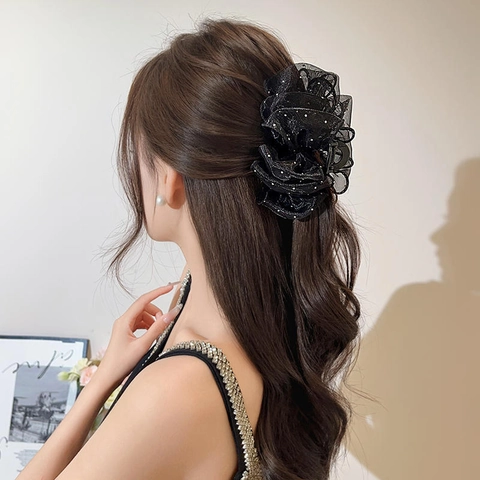 Large Hair Claw Clip Elegant Mesh Lace Bowknot Shark Clip For Women Back Of Head Hair Styling Accessories