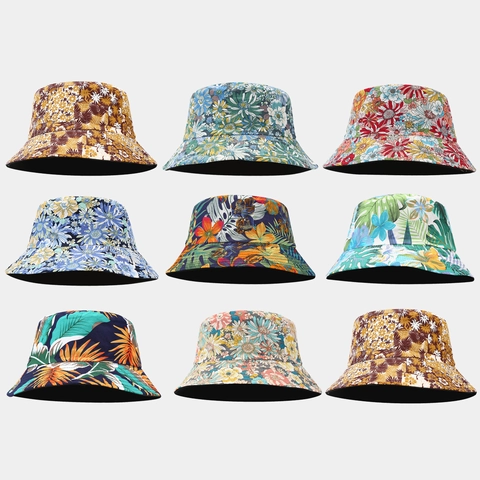 Floral Print Reversible Bucket Hat Cotton Wide Brim Sun Protection Outdoor Summer Beach Hat For Men Women