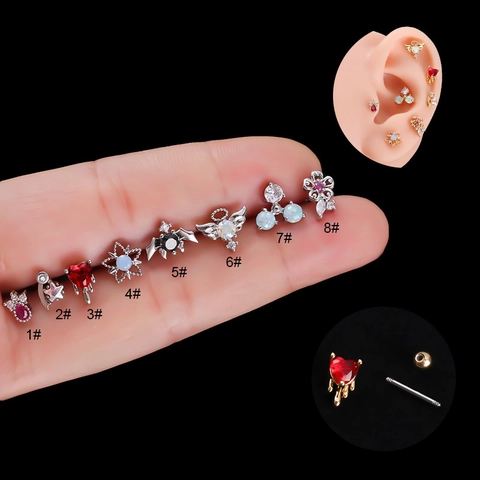 Helix Stud Earrings Stainless Steel Copper Zircon Screw Back Heart Star Moon Cartilage Piercing Jewelry For Women