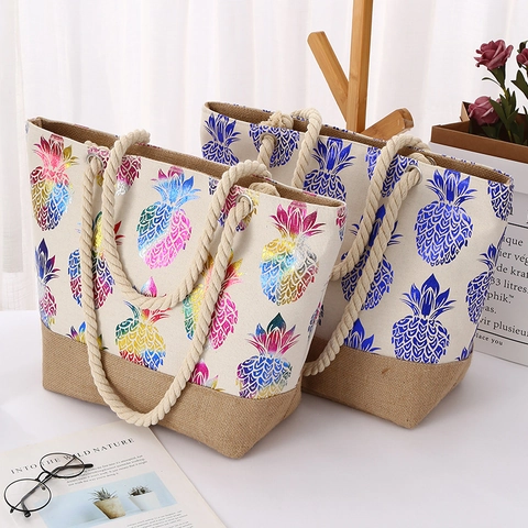 Large Capacity Canvas Jute Tote Bag With Pineapple Print And Cotton Rope For Women Casual Beach Vacation Handbag
