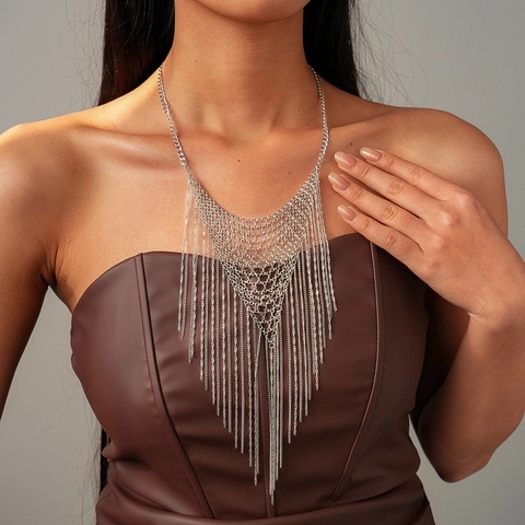 Collar De Cadena De Malla Exagerado Flecos Borla Forma De V Cadena De Cuerpo Aleación Metal Punk Joyería Para Mujer Fiesta