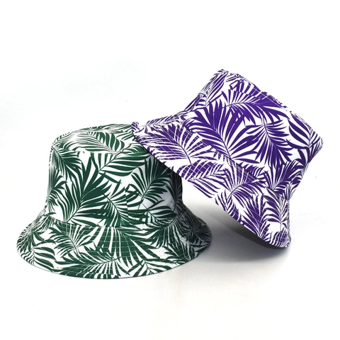 Tropical Palm Leaf Print Bucket Hat Cotton Polyester Reversible Sun Protection Beach Travel Outdoor Casual Women Accessory