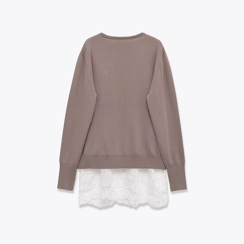 Damen Strickoberteil V Ausschnitt Langarm Patchwork Spitze Saum Elegant Lässig Pullover Polyester Acryl