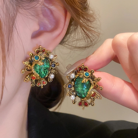 Vintage Baroque French Court Emerald Stud Earrings Alloy Faux Artificial Pearl With 925 Sterling Silver Earring Post Elegant Women
