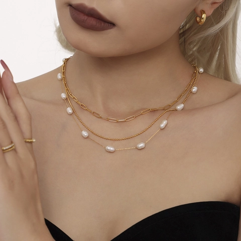 Elegante Collar de Acero Inoxidable con Perlas de Agua Dulce para Mujer Colgante de Perla Barroca Ligera Cadena Chapada en Oro y Plata