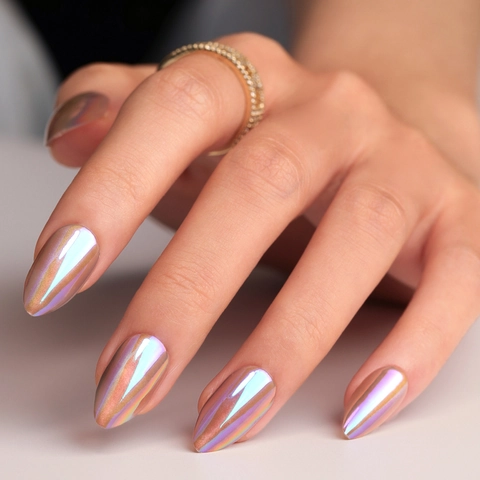 Kurze Mandelform Aufpressnägel Aurora Cat Eye Holografisch Irisierend Metallic Chrom Künstliche Nägel Damen