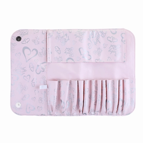 Makeup Brush Organizer Bag PU Leather Foldable Travel Portable Pink Heart Print Storage Holder Case
