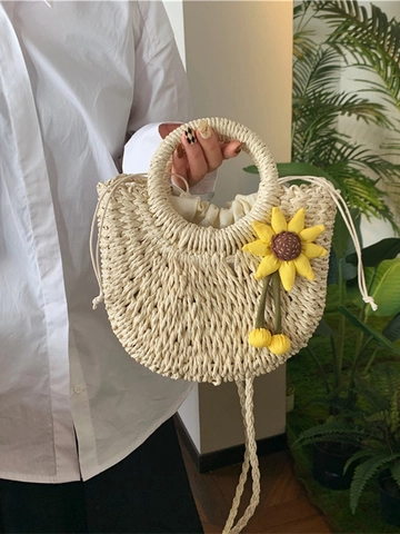 Borsa A Tracolla In Paglia Da Donna Intrecciata A Mano Girasole Coulisse Estate Spiaggia Vacanze Moda