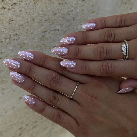 Uñas Postizas Press On Forma Almendra Rosa Con Lunares Blancos Brillante Manicura Uñas Artificiales Mujeres Estilo Dulce