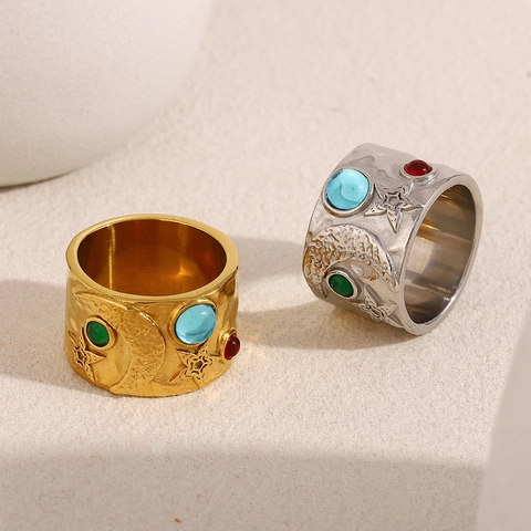 Wide Band Ring Stainless Steel 18K Gold Plated Colorful Zircon Gemstones Moon Star Embossed Retro Hammered Style Women
