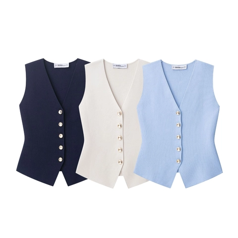 Damen Strickweste V-Ausschnitt Geknöpft Ärmellos Weste Slim Fit Lässiges Einfarbiges Pullover Oberteil Goldene Knöpfe