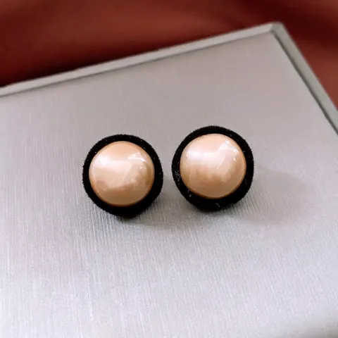 Round Imitation Artificial Pearl Stud Earrings With Flocking Border And Silver Earring Post Vintage Alloy Jewelry For Women