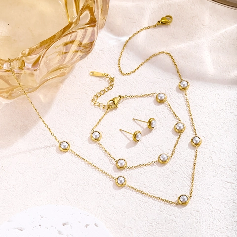 Elegant Stainless Steel White Artificial Pearl Jewelry Set For Women Gold Plated Necklace Bracelet Stud Earrings Fashion Jewelry