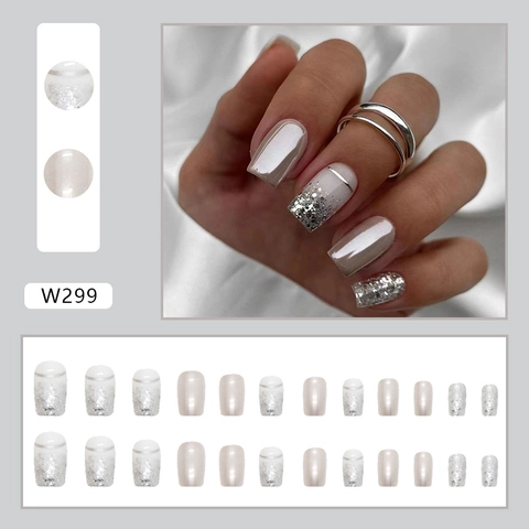 Uñas Postizas A Presión Purpurina Plateada Blanco Perla Artificial Cuadradas Elegantes Punta Francesa Para Mujeres Estilo Ins