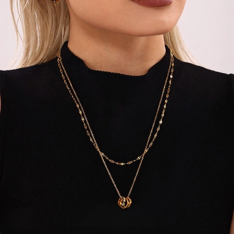 Stainless Steel Intertwined Three Ring Pendant Necklace For Women With Love Engraved Zirconia Inlaid Gold Plated Jewelry