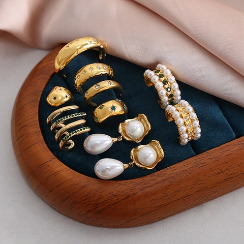 Pendientes Vintage Franceses De Acero De Titanio Chapados En Oro Con Circonita Y Perlas Artificiales De Imitación Geométricos Retro Para Mujeres