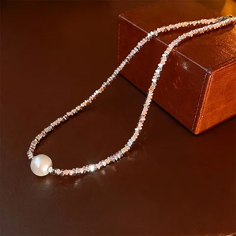 Freshwater Pearl Pendant Necklace Irregular Silver Faceted Copper Beads Minimalist Clavicle Chain For Women Elegant Jewelry
